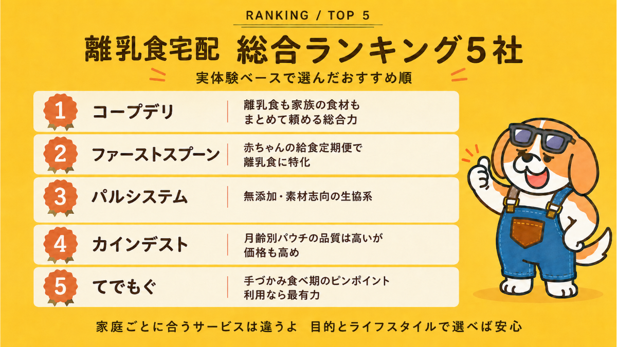 離乳食宅配おすすめ総合ランキング5社の順位と特徴を紹介する図解