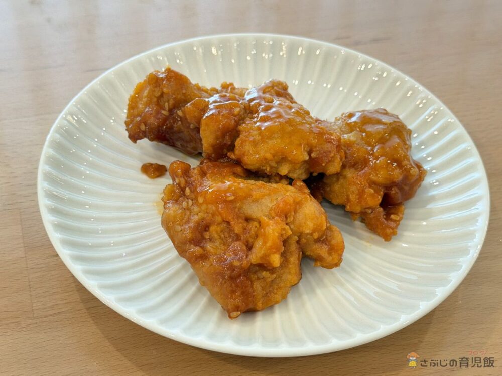 鶏の甘酢あん（照りが美しいメイン・2歳が完食）