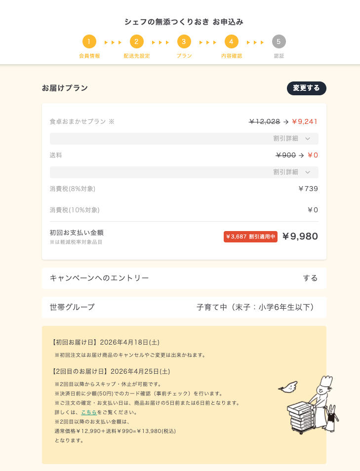 シェフの無添つくりおきの注文内容確認画面(初回限定価格が自動適用された状態)