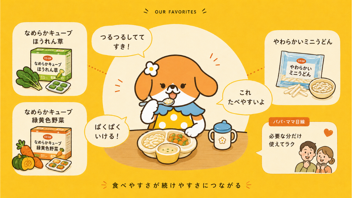 コープデリ離乳食の我が家のヘビロテ品と娘の反応を娘ちゃんが伝える図解