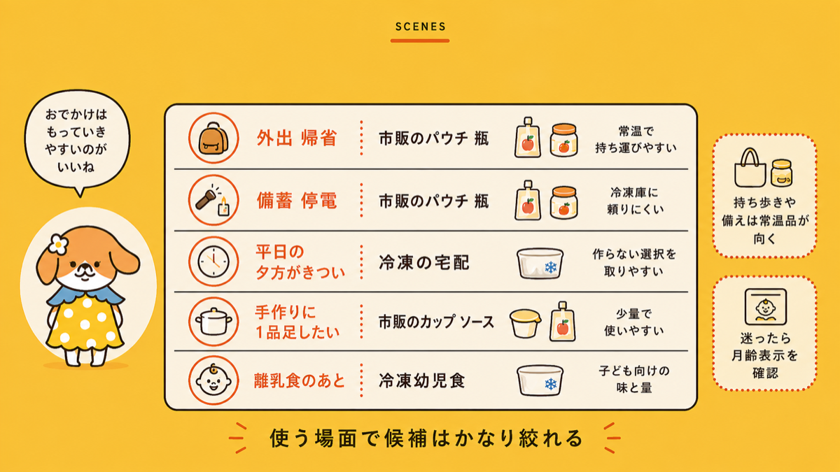 使う場面別にベビーフードと宅配の選び分けを示した判断フロー図