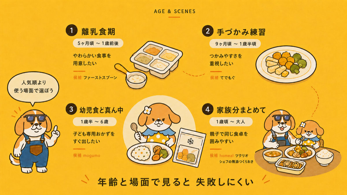 幼児食宅配6サービスを年齢と使う場面別に整理した図解