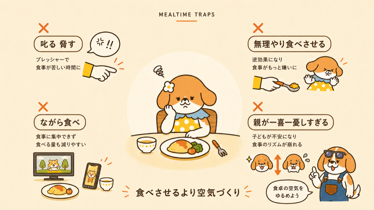 子どもがご飯を食べないときに避けたいNG対応4つの図解