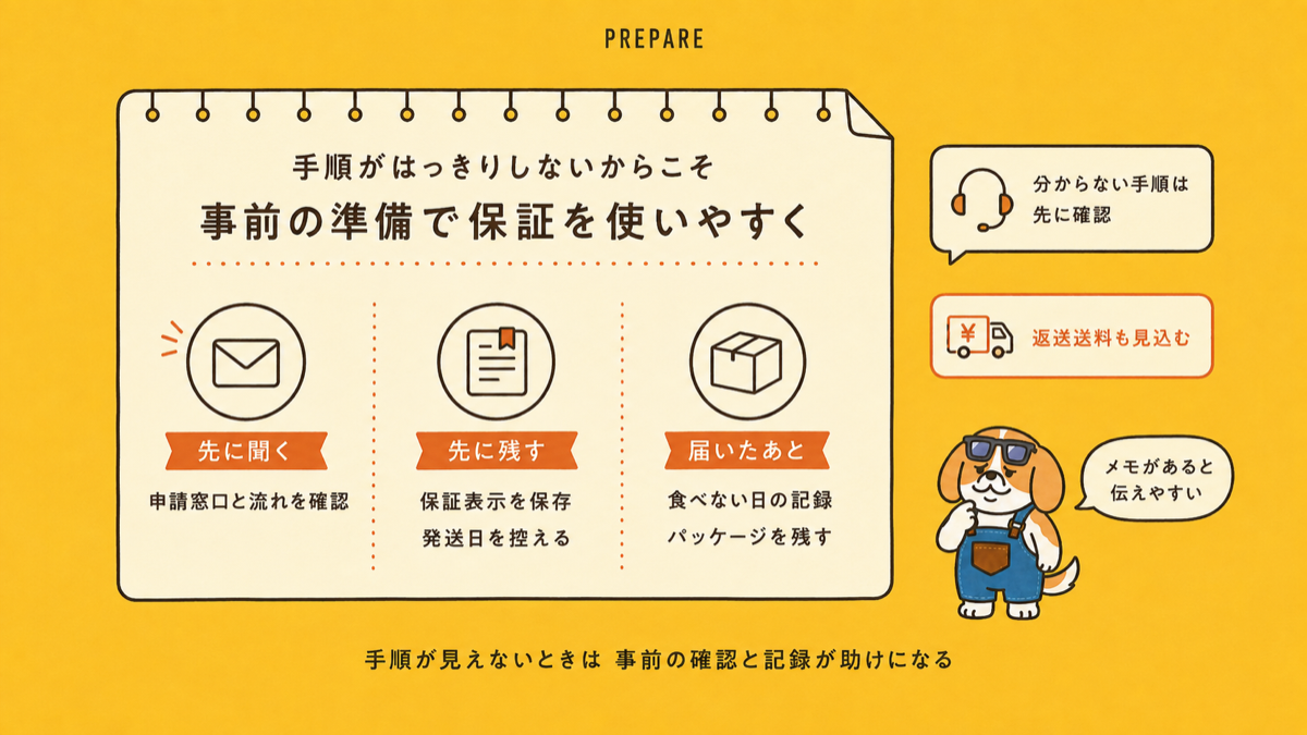 モグモの返金保証について、申し込み前から食べなかった日までの確認事項を時系列で示す図