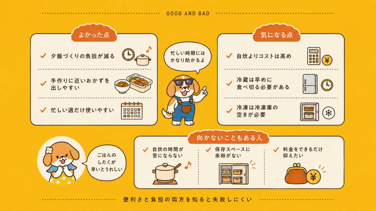 作り置き宅配のよかった点と気になる点と向かない人の図解