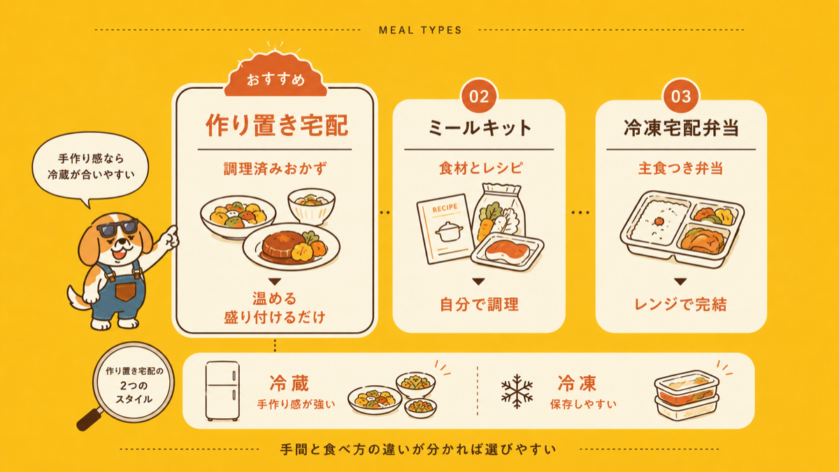 作り置き宅配とミールキットと冷凍宅配弁当の3方式比較図解
