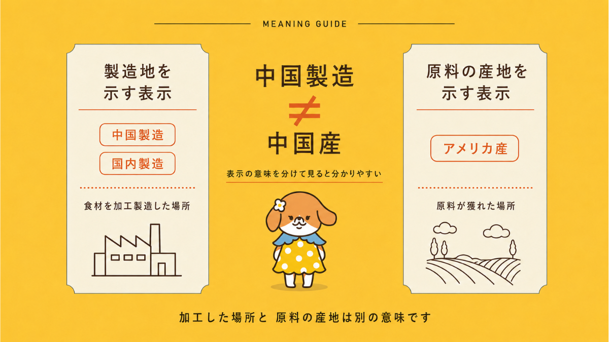 中国製造と中国産の違いを示す図解（製造地を示す表示と原料の産地を示す表示）