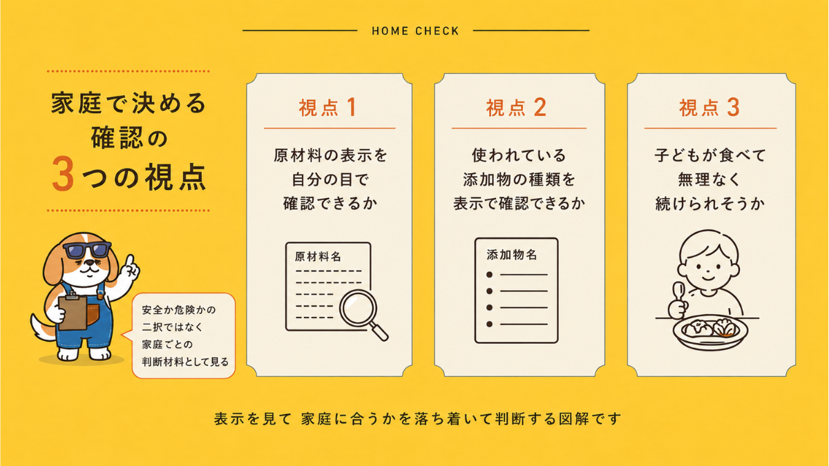 産地や添加物を家庭で判断する3つの視点を示した図解