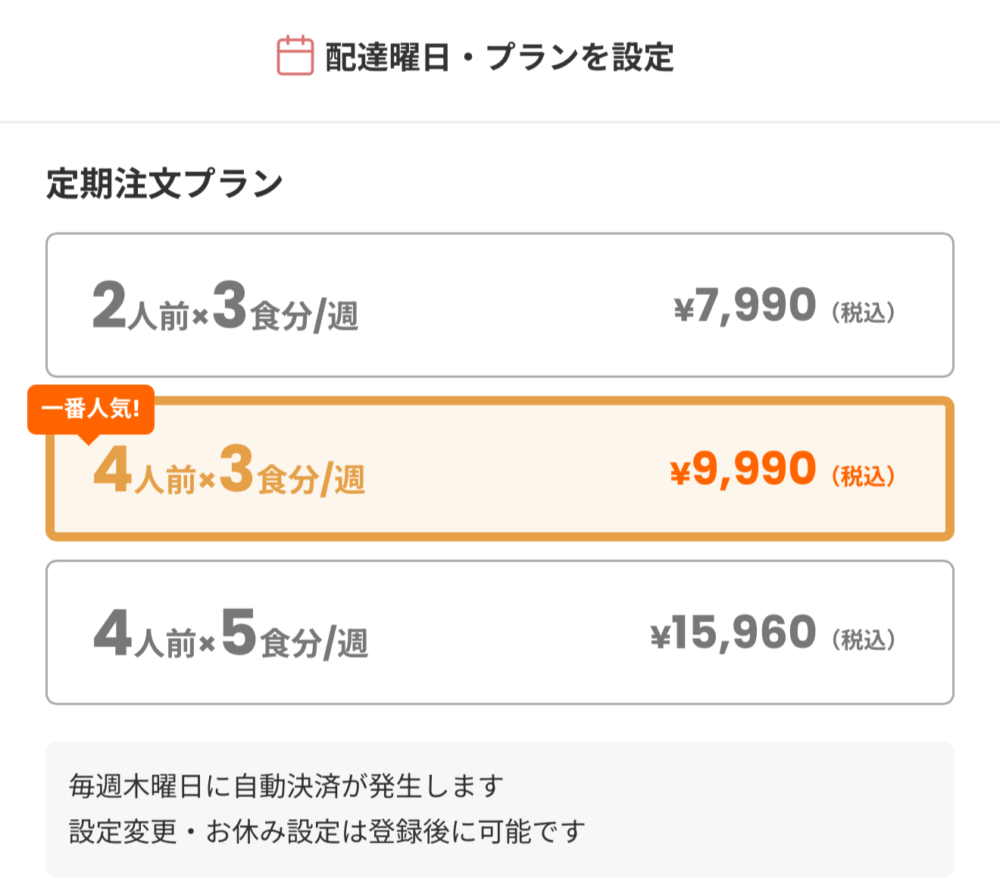 ツクリオのプラン選択画面（2人前週3食・4人前週3食・4人前週5食）